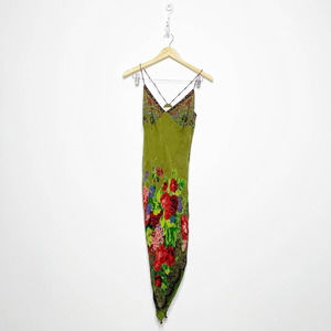 Vintage 90s Y2K 00s Cache Floral slip dress green beaded handkerchief hem USA 4